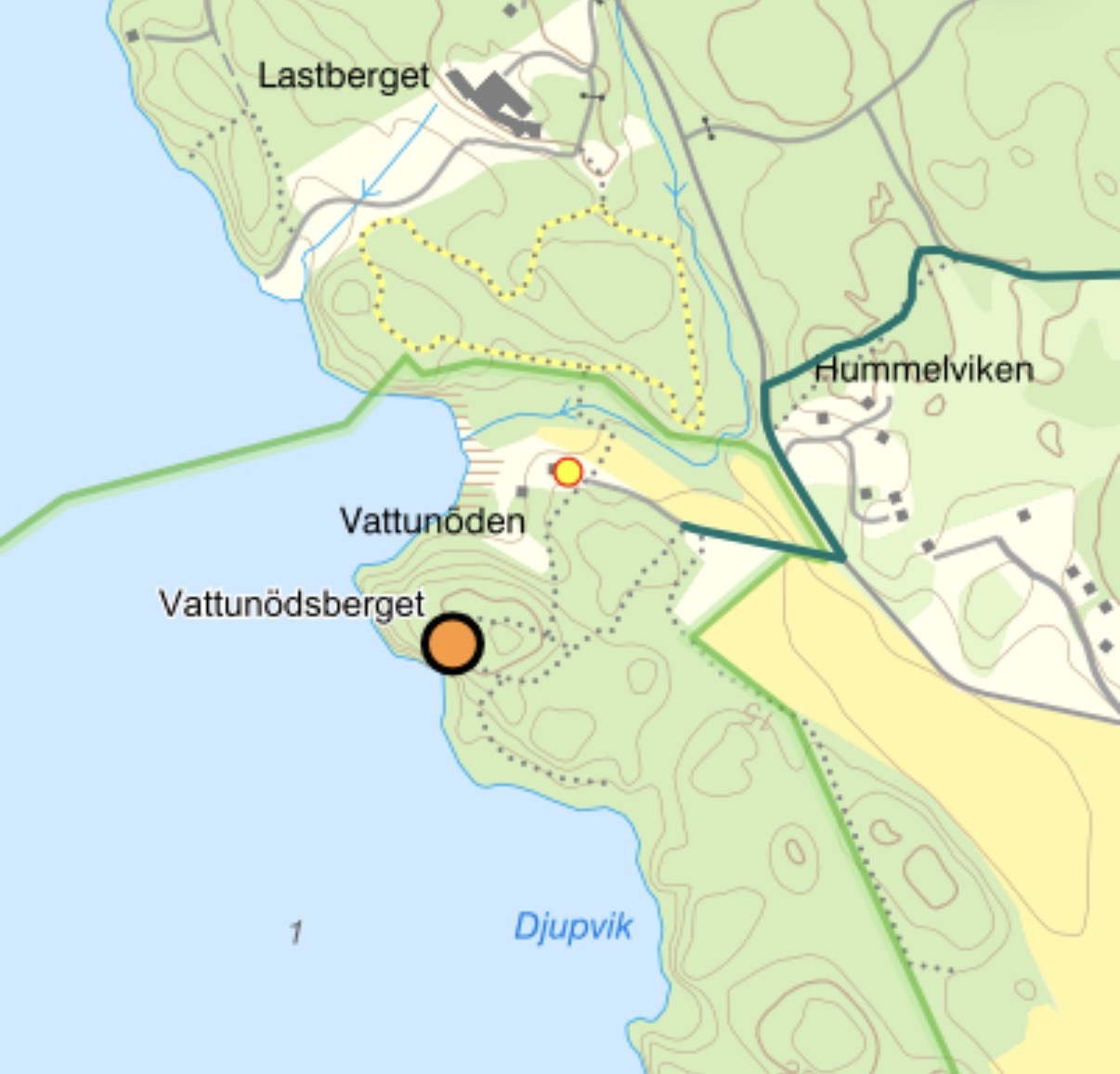 Karta över Kalmarnäslandet med Vattunödsberget och Vattunödsleden