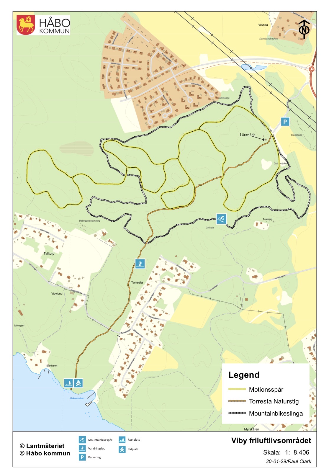 Karta över Viby friluftsområde med motionsspår, Torresta naturstig och mountainbikeslinga